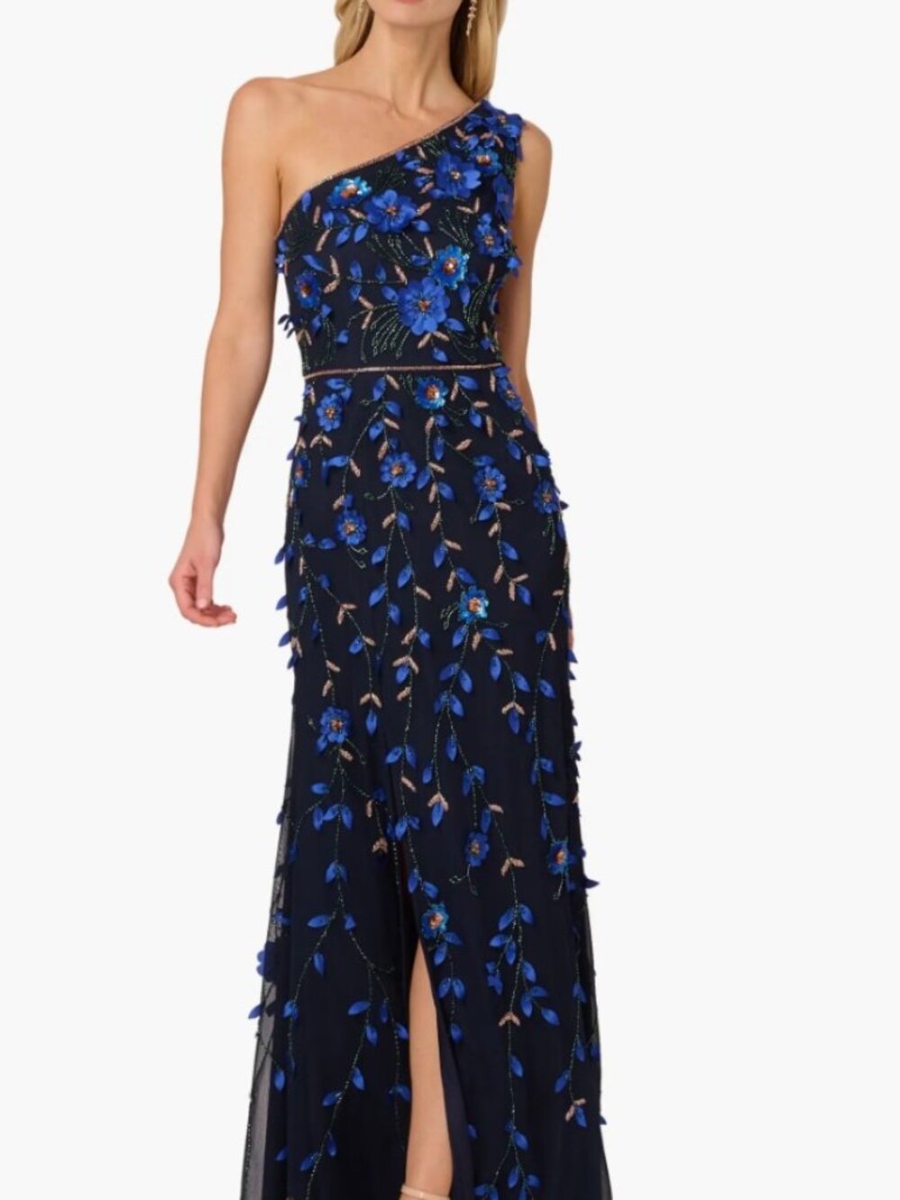 NWT Adriana Papell 3D Floral Beaded One-Shoulder A-line Gown. Size 4
